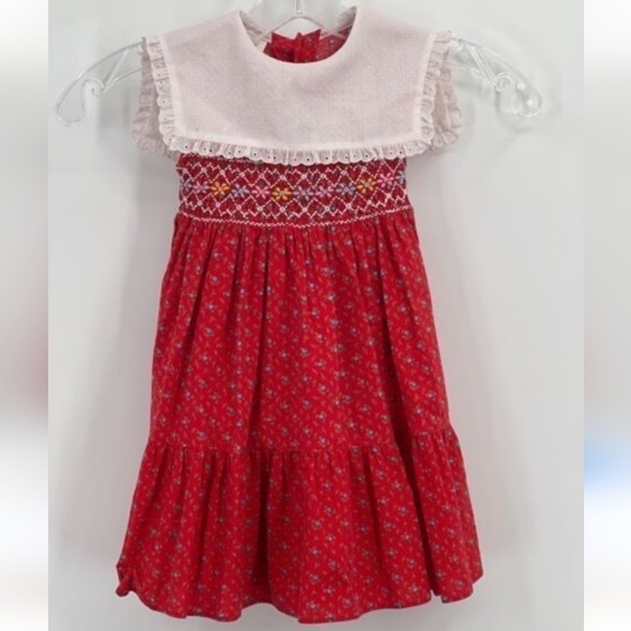 Vintage Girls Size 5 Polly Flinders Hand Smocked Dress Embroidered Sleeveless - Picture 1 of 10